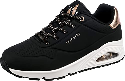 Skechers Women's Uno - Shimmer Away Sneaker, Black Durabuck Rose Gold Duraleather Trim, 3 UK