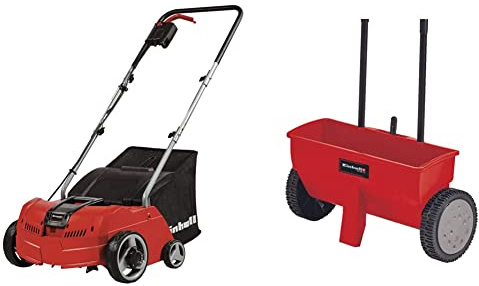 Einhell GC-SA 1231/1 Scarificatore arieggiatore elettrico (230 V, 50 Hz, 1200 W, largh. 31 cm, sacco raccolta 28 lt, 3 regolazioni profondità di lavoro) & GC-SR 12 Carrello Spargitore, ‎Standard