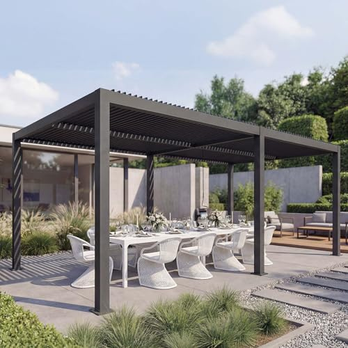 Pérgola Mendler HWC-L46, cenador de jardín con lamas, estructura de aluminio de 10 cm con canalón y protección contra tormentas, 3 x 6 m, color antracita