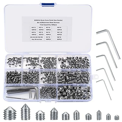 400 Pcs Set Screw Assortment Kit, Hex Allen Head Socket Cup Point Screws Set, Metric M3/M4/M5/M6/M8 Internal Hex Drive Grub Set Screws for Door Handles, Bathroom Fixture, with Hex Wrenches