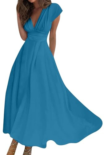 Robe Femme Chic Et Élégante Sexy Col en V Manches Courtes Longue Bohème Classique Couleur Unie Vintage De Cocktail pour Dames