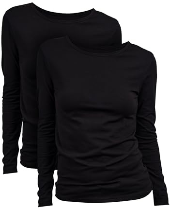 Basic Treasure 2 Camisetas Mujer Manga Larga 95% Algodón, Negro, S
