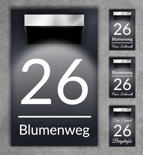Premium Hausnummer beleuchtet mit LED Solar - RGB - inkl. 11 Farben | individuell anpassbar | Acrylglas Anthrazit Matt | Wetterfest H1027