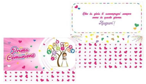 Biglietto augurale a Pochet - PRIMA COMUNIONE - Rosa con fantasia cuoricini e bimba sotto l'albero della vita - PRODOTTO IN ITALIA - biglietto di auguri ideale per accompagnare il regalo