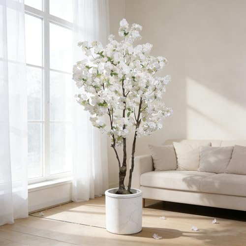 BINCUE Artificial White Cherry Blossom Tree Fake Tree Cherry Blossom Decor Fake Flowers Faux Flowering Tree White Flowers Floral for Indoor Outdoor Room Home Decor Spring Gift 6FT