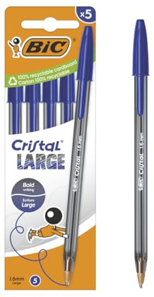 BIC Cristal Large Stylos-bille Pointe Large (1,6 mm) pour une meilleure lisibilité - Encre bleue, pack de 5