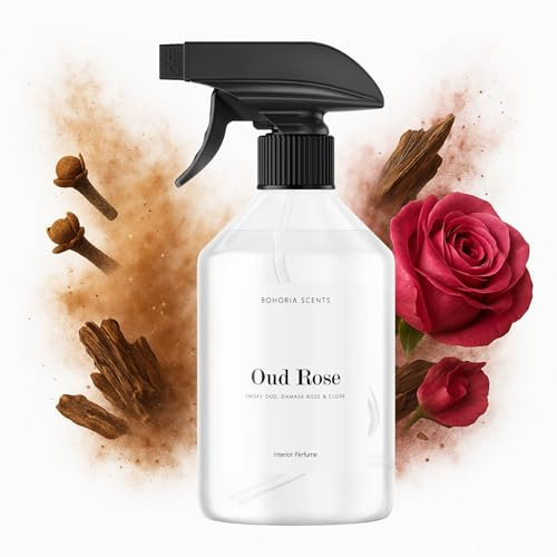 BOHORIA Spray per ambienti Oud Rose 500 ml – Lussuoso profumo per ambienti con rosa damasca, Oud & Garofano – Spray profumato per la casa, i tessuti e il bagno – Vegano di lunga durata senza aerosol