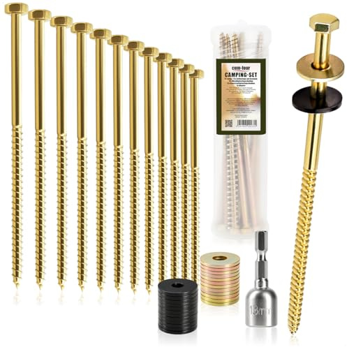 com-four® 37 Piezas Set Tornillos estaca Tienda, 12 piquetas roscadas | arandelas metal y plástico - fijación outdoor para tienda - toldo - camping