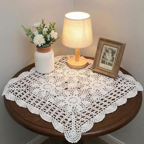 Xthrotsenk 19.6 White Cotton Crochet Lace Doilies for Furniture Square Lace Handmade Doilies Crochet Placemats for Furniture for Floral Table Bedroom Dresser Tea Party Wedding Decor
