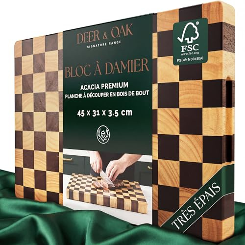 Deer & Oak Tagliere in acacia legno di punta motivo scacchiere e olio alimentare – 45 x 31 x 3,5 cm, blocco macellaio FSC pre-oliato con maniglie, tavola antipasto