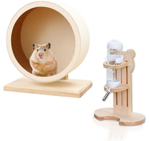 Juego de 2 botellas de madera para hámster con soporte, 20 cm, rueda de hámster de madera, botellas de agua de 125 ml, rueda silenciosa con rodamiento de bolas para animales pequeños, hámsters