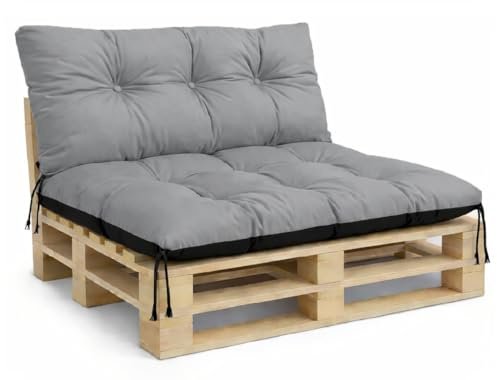 FLLOW Palettenkissen Palletenauflagen Palettenpolster Palettensofa Palettenmöbel 2er Set: 1x Sitzkissen 120x80 + 1x Rückenlehne 120x40, gesteppt Grau