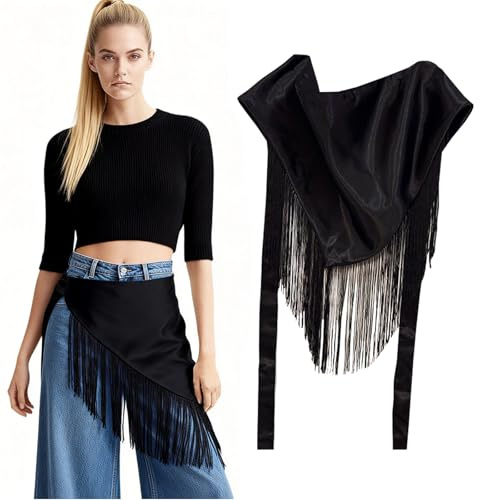 VPbao Women's Fringe Satin Triangular Waist Scarf, Wide Waist Belt Cincher | Silky Decorative Sash, Versatile Adjustable Tie Ethnic Waist Accessory Tassel Hip Scarf for Jeans Dresses