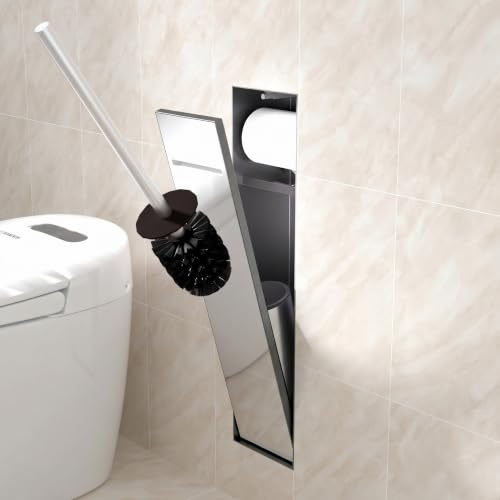 IKITRAEE Armario de baño Empotrado de Acero Inoxidable 2 en 1, Soporte para Papel higiénico, nicho de Pared y escobilla, Puerta de Azulejos, diseño Invisible (Negro Mate, 60 x 15 x 12 cm)
