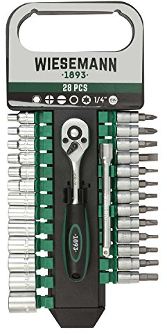Juego de 28 vasos 8-32 mm para llave de carraca de 1/4 y soporte de WIESEMANN 1893 | Acero al cromo vanadio | Portapuntas de 100 mm | Vasos hexagonales | Vasos con puntas I 80102