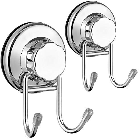 SANNO Bathroom Double Hooks Holder, Strong Vacuum Suction Cups for Flat Smooth Wall Surface Towel Robe Bathroom Kitchen Shower Bath Coat,NeverRust Stainless Steel(2pcs)