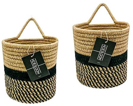 Hidebloom | Hängekorb | 2er Set - 16x16 cm- Schwarz/Braun | aus Baumwolle | Hängeaufbewahrung | Aufbewahrungskorb Bad Organizer | Hängeorganizer | Übertopf Korb geflochten | Wandkorb | Stoffkorb