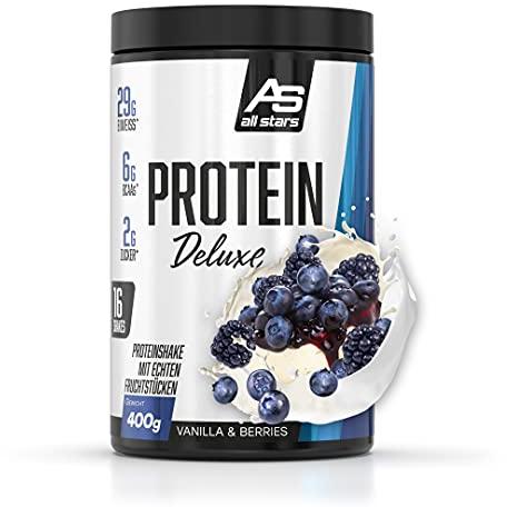 ALL STARS Protein Deluxe Whey Proteinpulver 400g Vanilla and Berries mit Fruchtstückchen - Leckerer Shake mit ca. 76% Eiweiß, 4 hochwertige Protein-Komponenten
