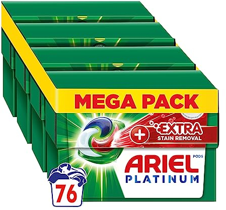 Ariel Platinum PODS®, Washing Liquid Laundry Detergent Capsules 76 (4x19) Washes, +Extra Stain Removal, Even Remove 7-Day Dried-In Stains