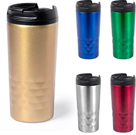 Taza termo de cafe para llevar - Vaso térmico con tapa hermética para bebidas frías y calientes, 310 ml para viajes en el coche, oficina o clase. Doble pared sin BPA. Vaso Termo Cafe y té (Dorado)