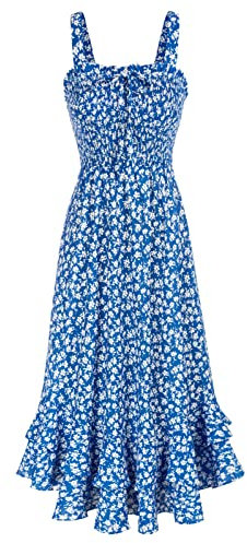 GRACE KARIN Women Summer Floral Maxi Dress Squar Neck Chiffon A Line Strappy Smocked Boho Beach Dress Blue Floral L