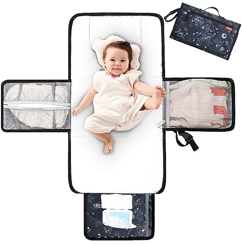 Lekebaby Portable Nappy Changing Mat Travel Baby Change Mat | with Wipe-Pocket and Head Cushion, Galactic