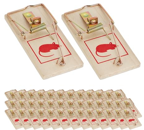 Relaxdays Mausefalle 40er Set, klassische Mäusefallen, wiederverwendbar, giftfrei, Schlagfalle, Metallbügel, Holz, natur