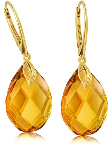 Amber by Mazukna - Pendientes de ámbar - Elegante joyería de ámbar colgante con accesorios dorados para mujer, pendientes de ámbar en forma de lágrima, joyería para mujer, 15 mm, Plata esterlina