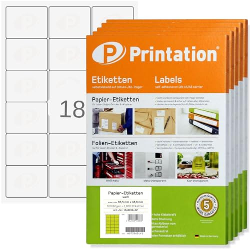 Printation 63,5 x 46,6 mm autoadhesivas para direcciones – 9000 etiquetas de dirección 63,5x46,6 en 500 hojas DIN A4-3x6 18 stickers por hoja - esquinas redondeadas – adhesivas imprimibles 2415