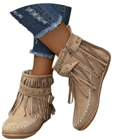 MEECHI Botines con Flecos Y Tachuelas Botas De Vaquero Occidentales Retro for Mujer Boots Ante Otoño Invierno con Hebilla Zapatos De Tobillo Planos De Ocio for Exteriores