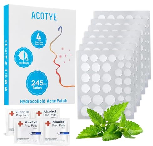 ACOTYE Pimple Patches Spot Patches 245pcs Salicylic Acid, Tea Tree Oil, Day and Night, 4 Sizes for All Skin Types