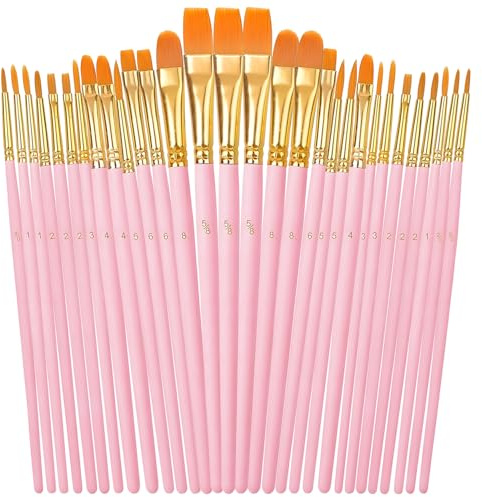 OWill 30 PCS Paint Set, Nylon Professional Artist Brushes for Acrylic, Oil, and Watercolor Painting, Face Painting, Small Acrylic Brushes for Artists, Adults (Pink)