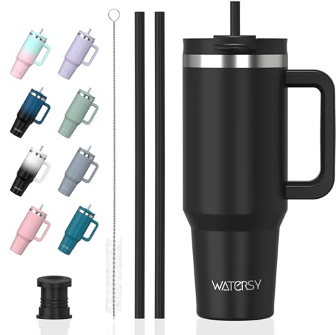 WATERSY 1.2L Thermobecher mit 2 Strohhalmen, Trinkbecher Auslaufsicherer Kaffeebecher To Go Vakuum-Isoliert mit BPA frei Schraubdeckel, Trinkflasche Kühlt 12 Stunden,Schwarz