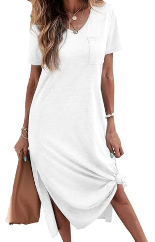 Cicy Bell Women Summer T Shirt Dress Casual Short Sleeve V Neck Maxi Dresses Loose Side Slit Long Tshirt Dress with Pockets White,L