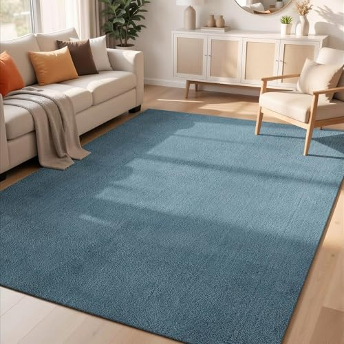 Comfy Washable Plain Non-Slip Living Room Area Rug, Blue, 120x160cm