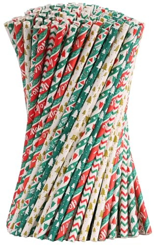 Xyedyaup 100 pajitas de papel de Navidad para manualidades desechables para beber copos de nieve, para decoración y regalos de Navidad de 197 mm x 6 mm