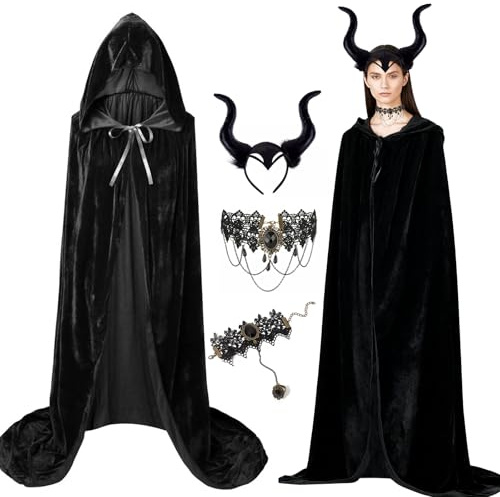 Lotiaan Deguisement Halloween Femme, Noir Cape Halloween pour Adulte, Cape à Capuche, avec Cornes de Diable Serre Tete, Collier de Dentelle Gothique Serre, Bracelet, Costume pour Carnaval