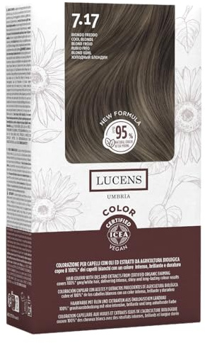 Lucens Umbria - 7.17 Biondo Freddo, Tinta per Capelli Senza Ammoniaca, Kit Colorazione Permanente Vegan con Estratti Naturali, Azione Lenitiva, Idratante e Protettiva