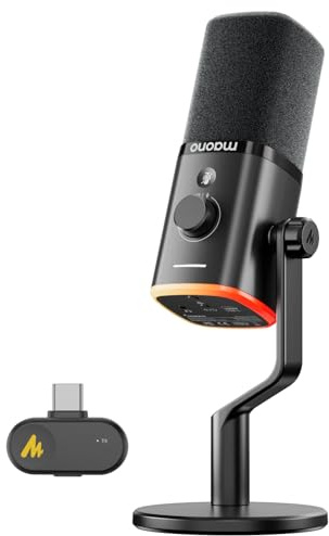 MAONO PD100W Micrófono Gaming Inalámbrico para PC, Micrófono Dinámico USB con Reducción de Ruido, Botón Mute, RGB & EQ por Software para Streaming, Grabación & Podcast, Negro