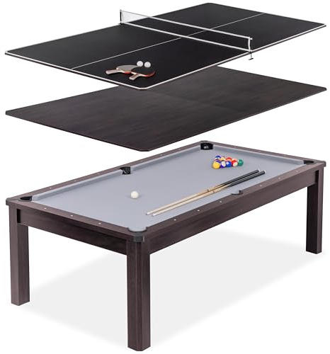 GoSports 8 ft 3 in 1 Pool, Dining, & Table Tennis Combo Table and Storage Benches - Convertible Billiards with Game Accessories - Dark Oak