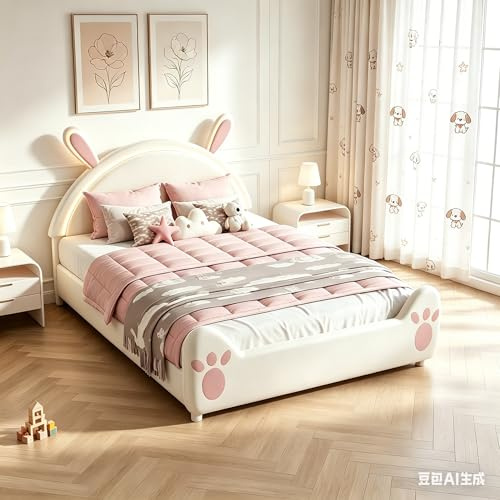 Quiaviank Letto imbottito 140 x 200 cm con illuminazione a LED, letto matrimoniale con testiera orecchie di coniglio, Letto per bambini con rete a doghe, senza materasso