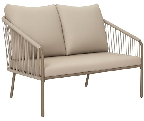 Outsunny Divano da Giardino 2 Posti in Rattan PE, Divanetto da Esterno in Stile Boho con Cuscini Sfoderabili, Braccioli e Telaio in Acciaio, Divano da Esterno, per Terrazza e Cortile, Beige