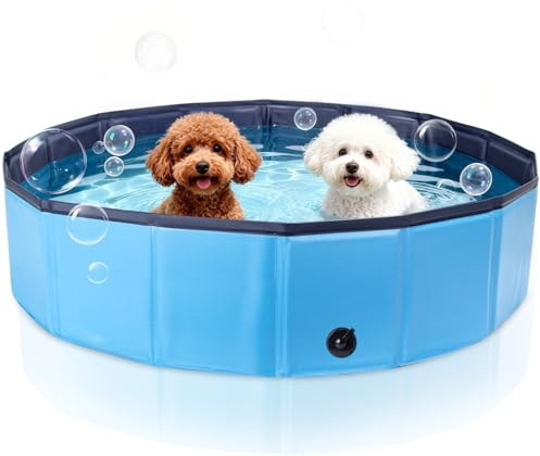 Nobleza Foldable Dog Paddling Pool 80x20cm, PVC Pet Swimming Pool, Portable Dog Bath Tub with Drain Plug, Non-Slip Outdoor Garden Folding Pool, Blue
