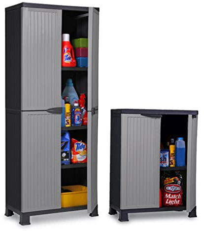 Kreher Set: Großer + mittlerer Kunststoffschrank der Noble-Serie mit verstellbaren Einlegeböden und je 20kg Tragkraft Schwarz