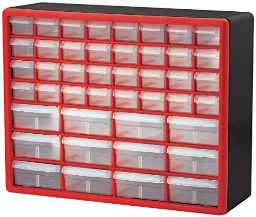 Akro-Mils 10144 44-Drawer Plastic Drawer Storage Cabinet for Garage Organization, Lego Storage, Teacher Toolbox, Makeup Organizer, and More, 50.8 cm W x 15.24 cm D x 40.64 cm H, Red