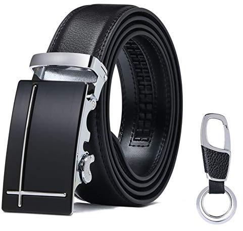 flintronic Men’s Leather Belt, Automatic Buckle Leather Ratchet Belt 3.5cm * 125cm (Keychain & Gift Box Include)