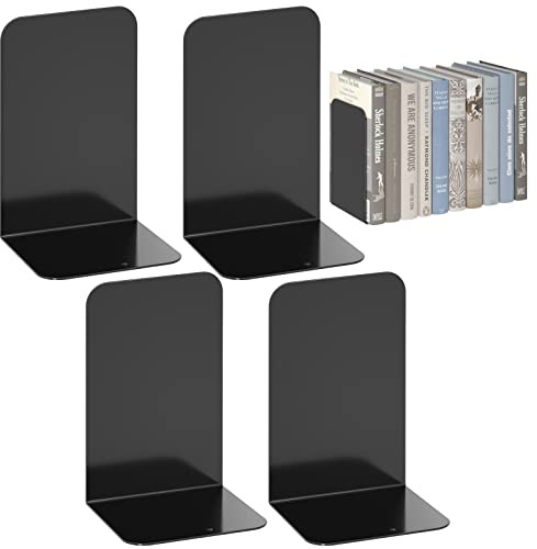 VFINE Metal Bookends 2 Pairs, Black Book Ends, Bookends for Shelves, Book Stopper for Heavy Books, Book Dividers for Home Office School Supplies
