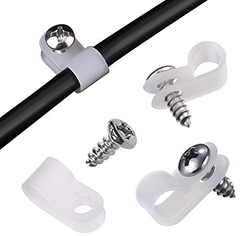 Aroidful 100 Stück R Typ Kabelklemmen, 6,4mm Nylon Kabelhalter, Kunststoff Draht Clips mit Schrauben, schraubbare Cable Clip für Draht, Kabel, Leitungen und Kabelkanal Kit (0,25 Zoll)