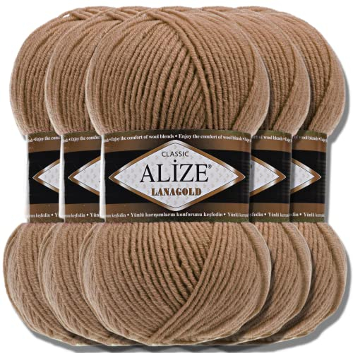 Alize 5 x 100g Lanagold Türkische Premium Wolle Baumwolle und Acryl Handstrickgarne | Yarn | Garn | Strickgarn Accessoire Baby zum Häkeln Stricken Kleidung Schals (Dark Beige | 466)
