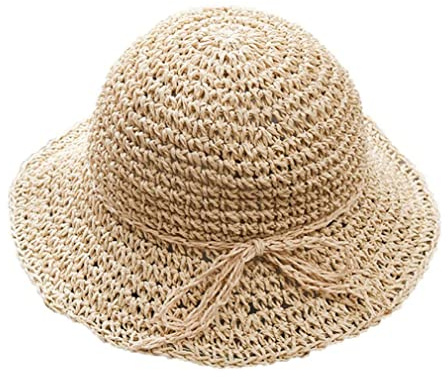 Gcroet Women's & Girls' Beige Straw Sun Hat, Wide Brim, UPF 50, Floppy, Adjustable, Packable, Summer, All Occasions, Baby to Women